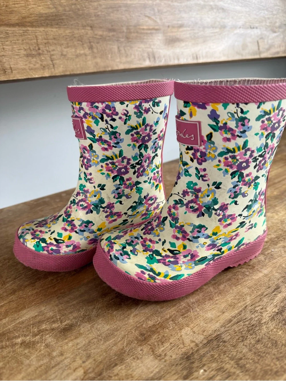 Joules Cream Floral Kids Rain Boots with Pink Trim
